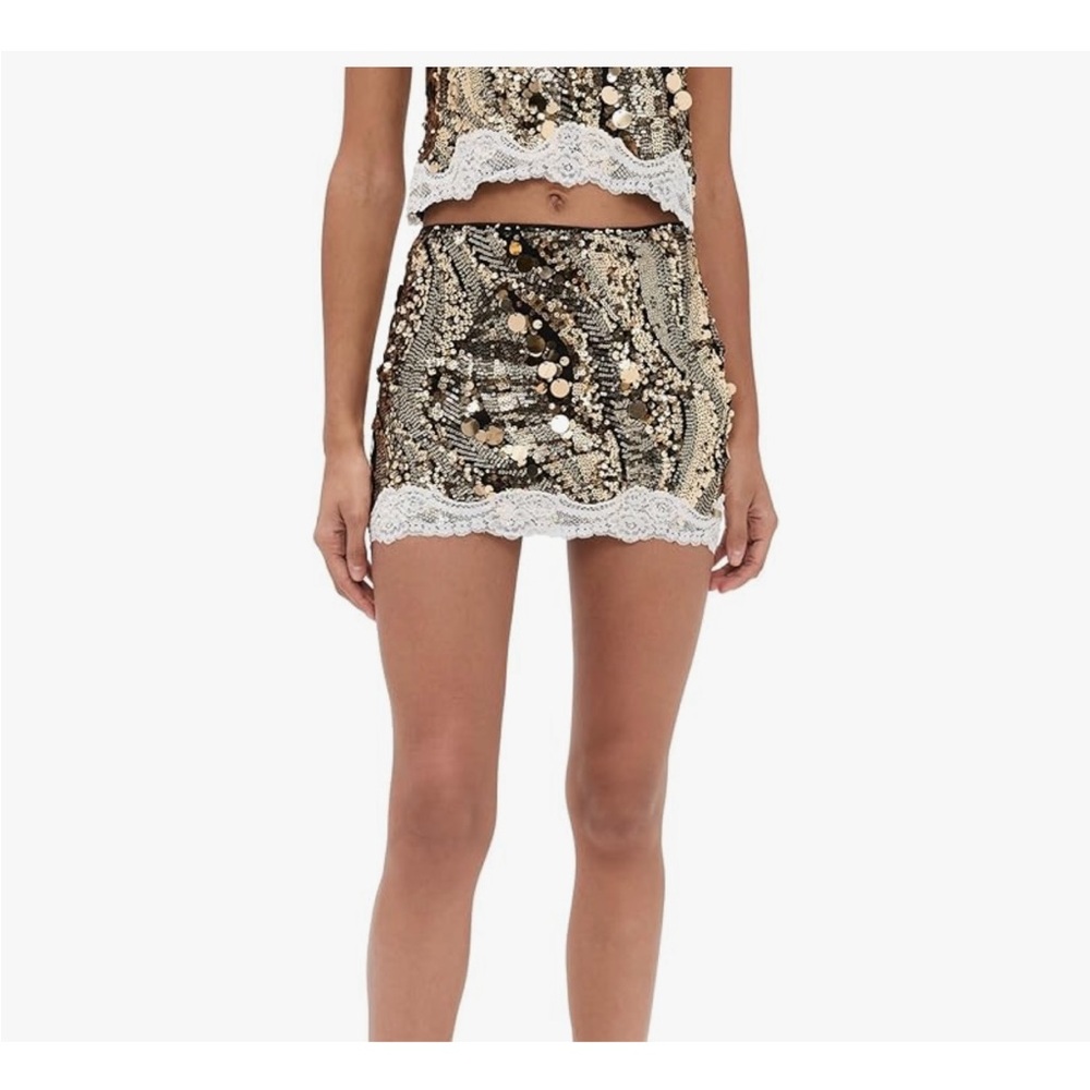 Sequin Embellished Mini Skirt - Gold and Black w/ Lace Trim